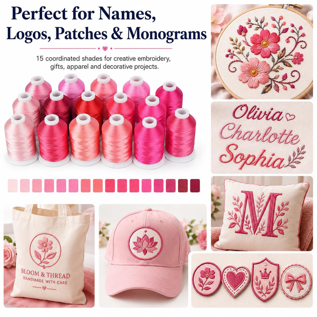 15-Color Polyester Machine Embroidery Thread Set, Pink Series