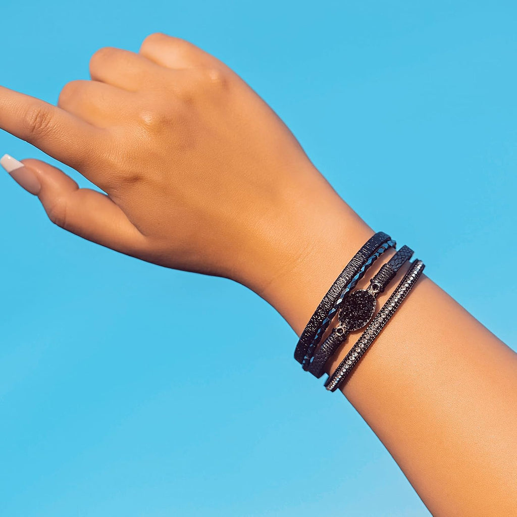 Boho Leather Wrap Bracelet Stackable Chunky Crystal Cuff Bracelets Western Jewelry Summer Beach Outfits for Women
