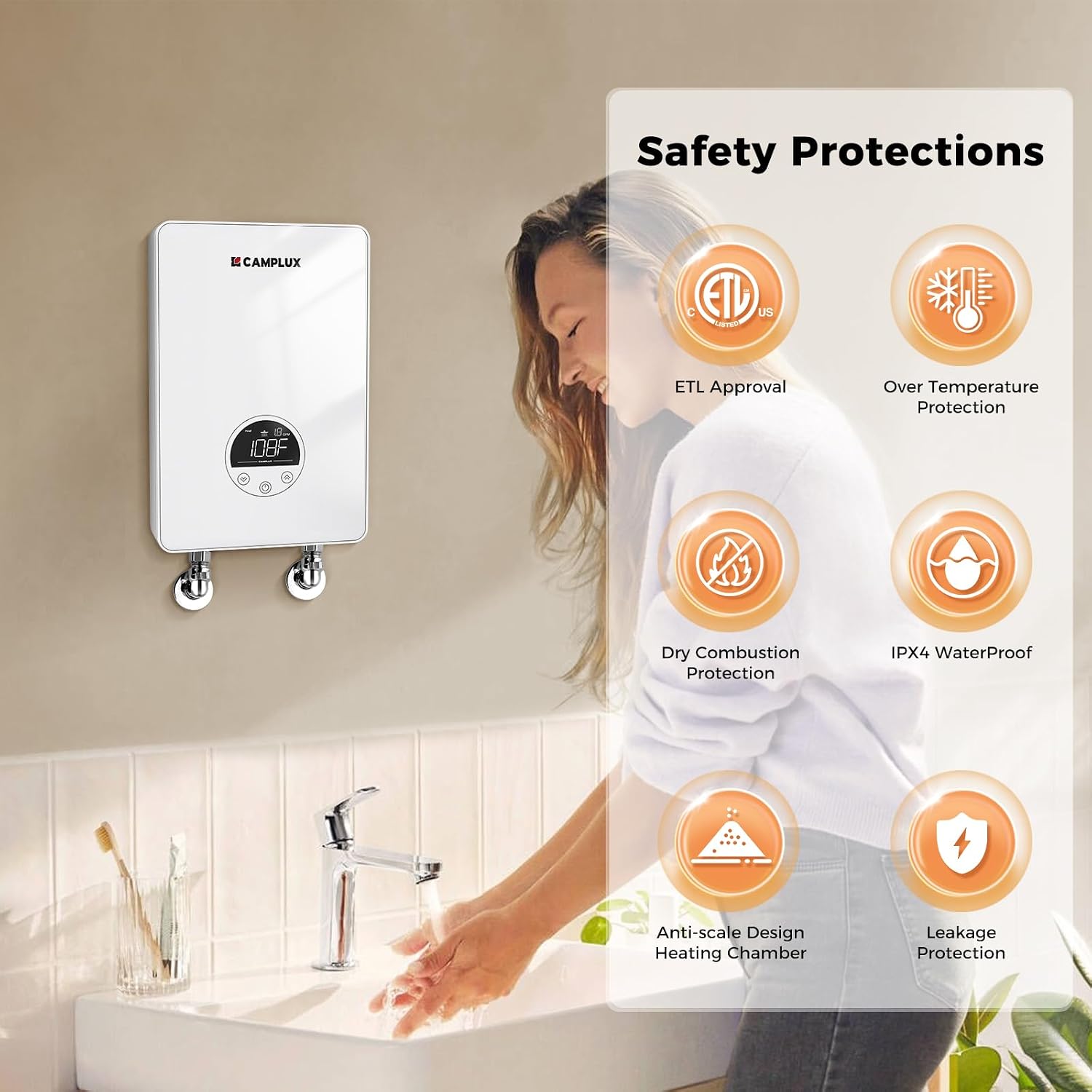 CAMPLUX Tankless Water Heater Electric 4.5kW 110~120V Small Instant Hot Water Heater, Point-of-Use, Save Space for