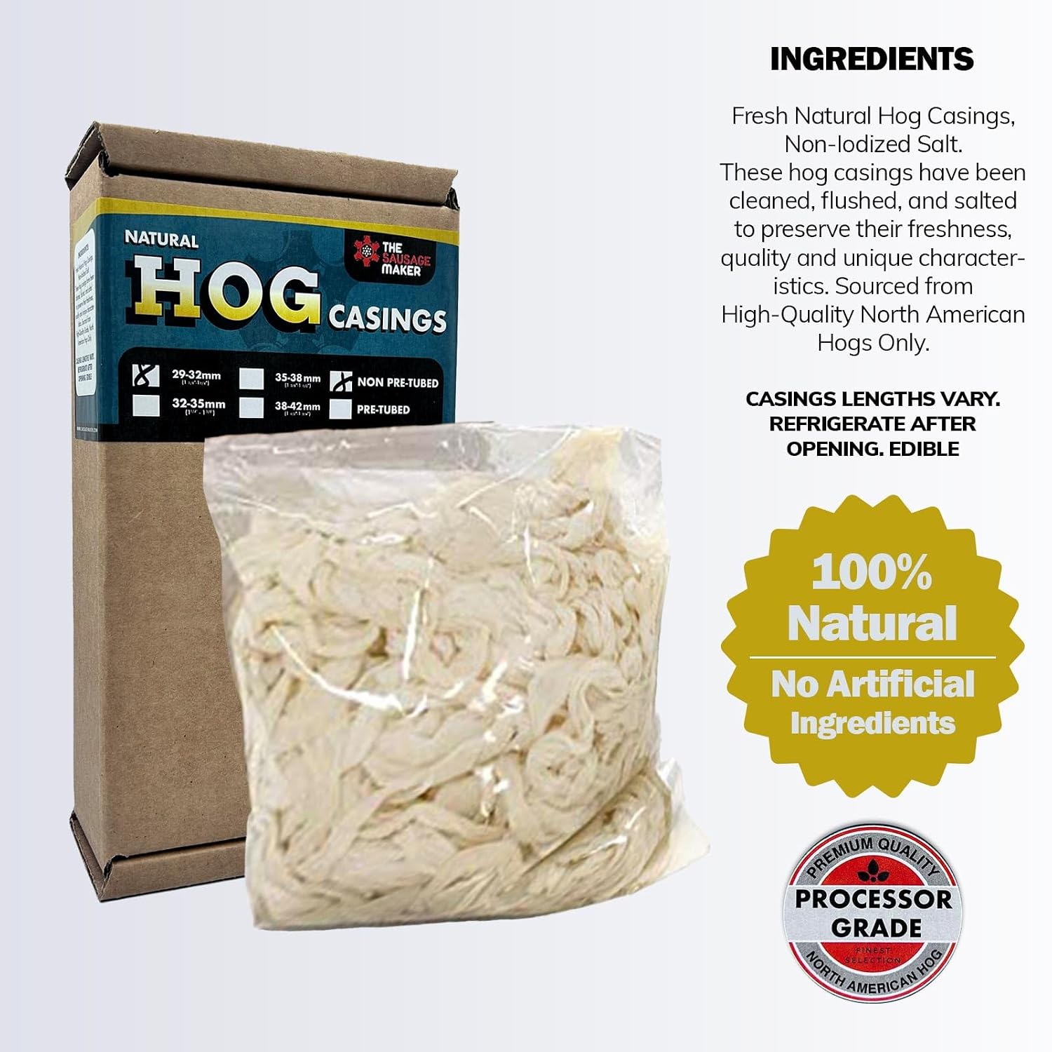 Natural Hog Sausage Casings 42 To 44 MM Butcher Pack, Makes 100 Lb Meat, North American Edible Pork Casing For Links