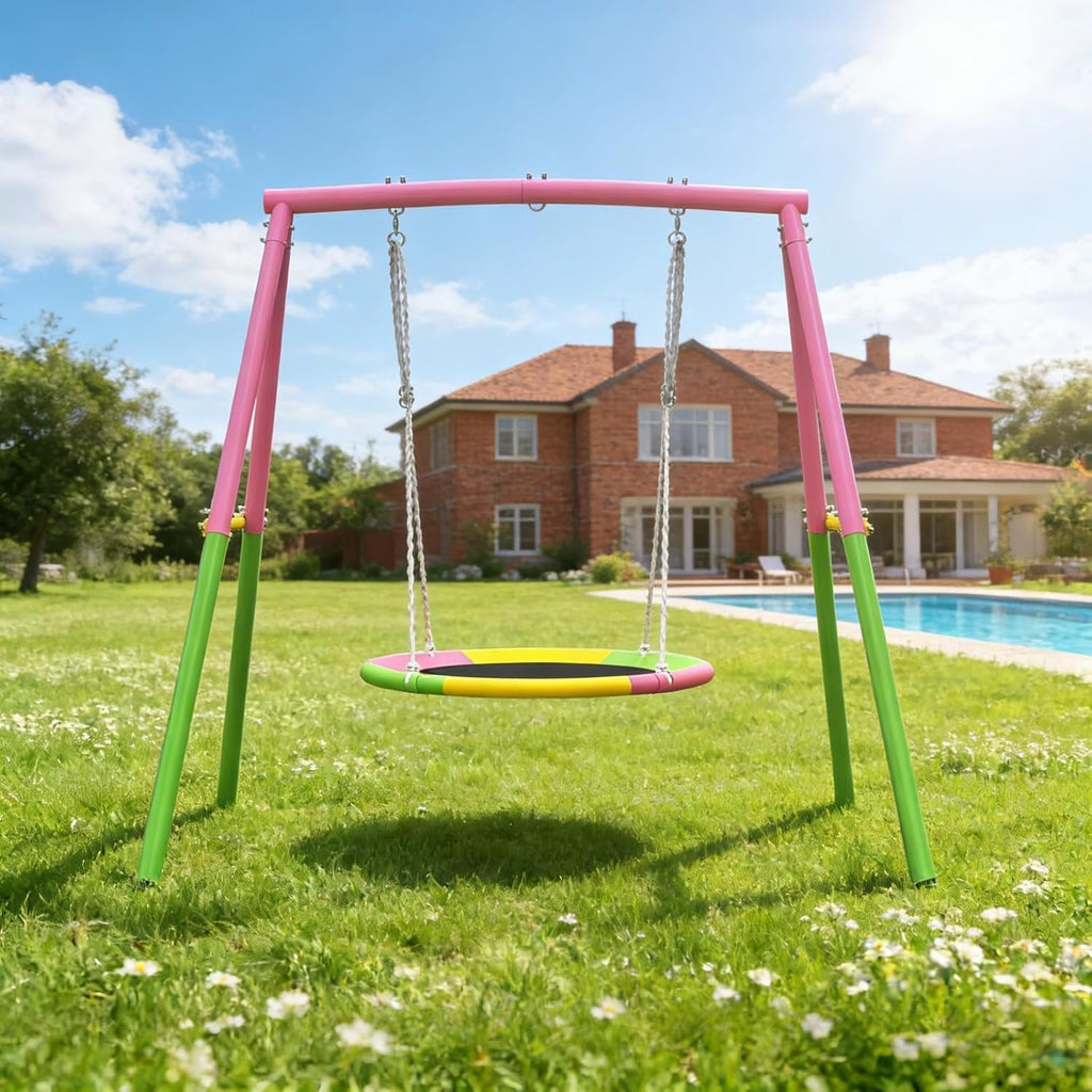 Flying Saucer Swing Set with Heavy Duty A-Frame Metal Swing Stand, Full Steel, Outdoor for Kids, Backyard