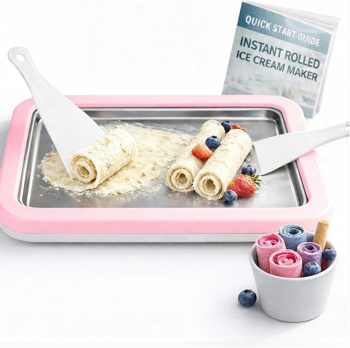 Rolled Ice Cream Maker with Quick Start Guide - DIY Instant Ice Cream Tray Kit, Includes 2 Scrapers for Manual