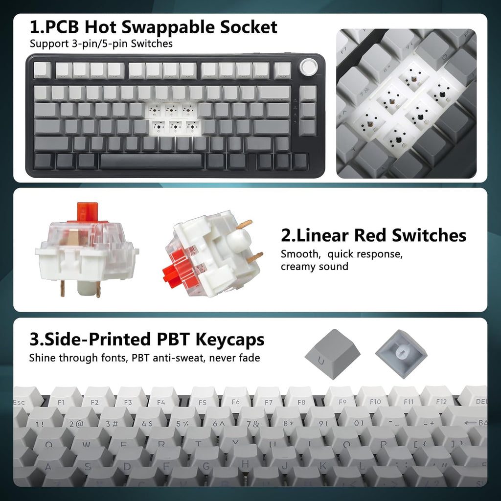 75% Wireless Mechanical Gaming Keyboard, Creamy Sound, Black