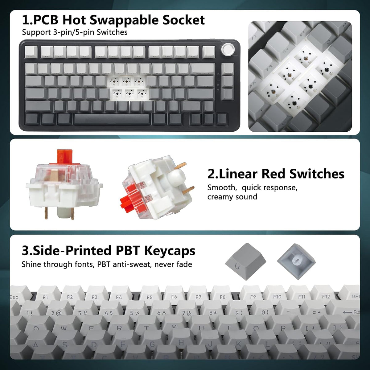 75% Wireless Mechanical Gaming Keyboard, Creamy Sound, Black