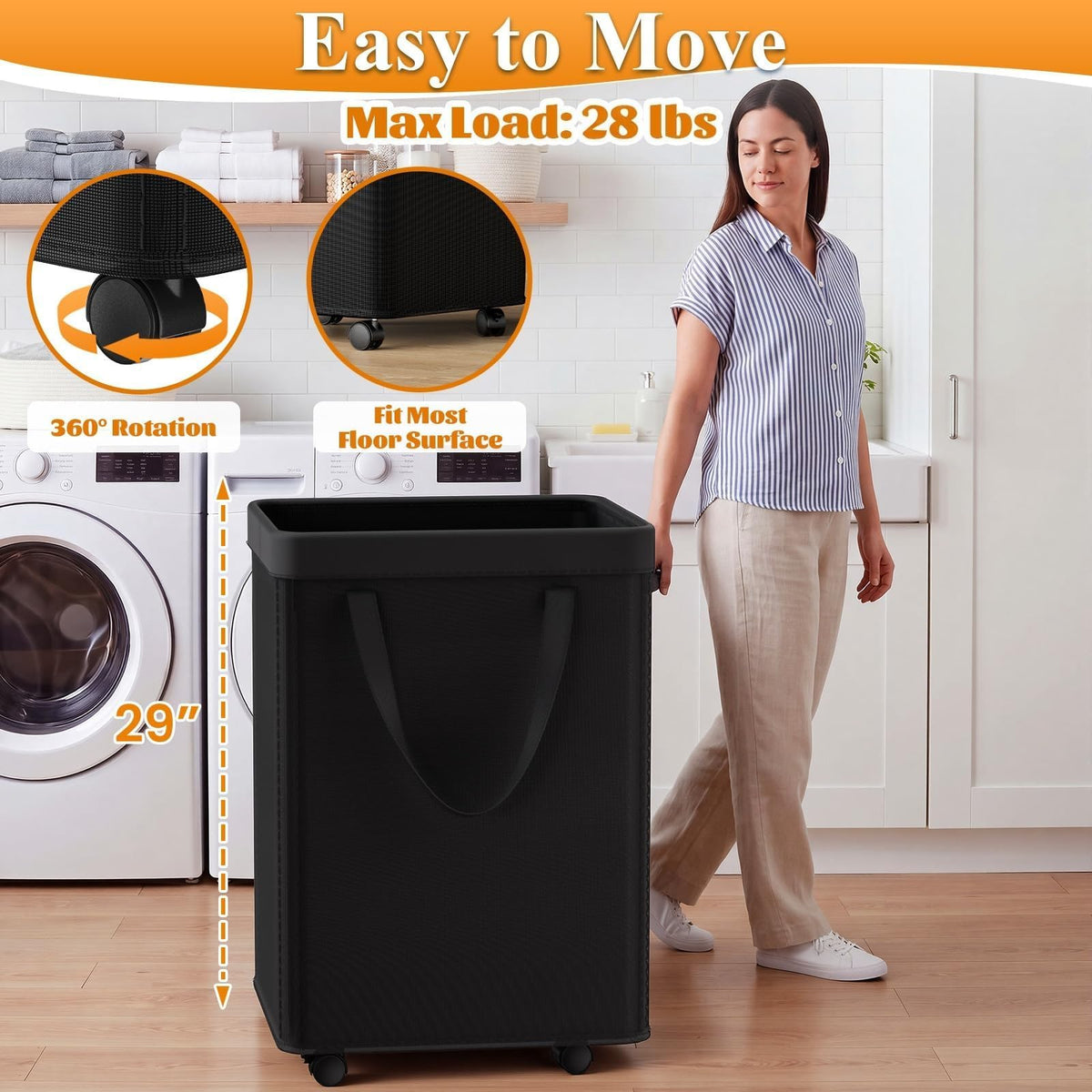 90L Laundry Basket with Wheels, Rolling Hamper with Removable Bag
