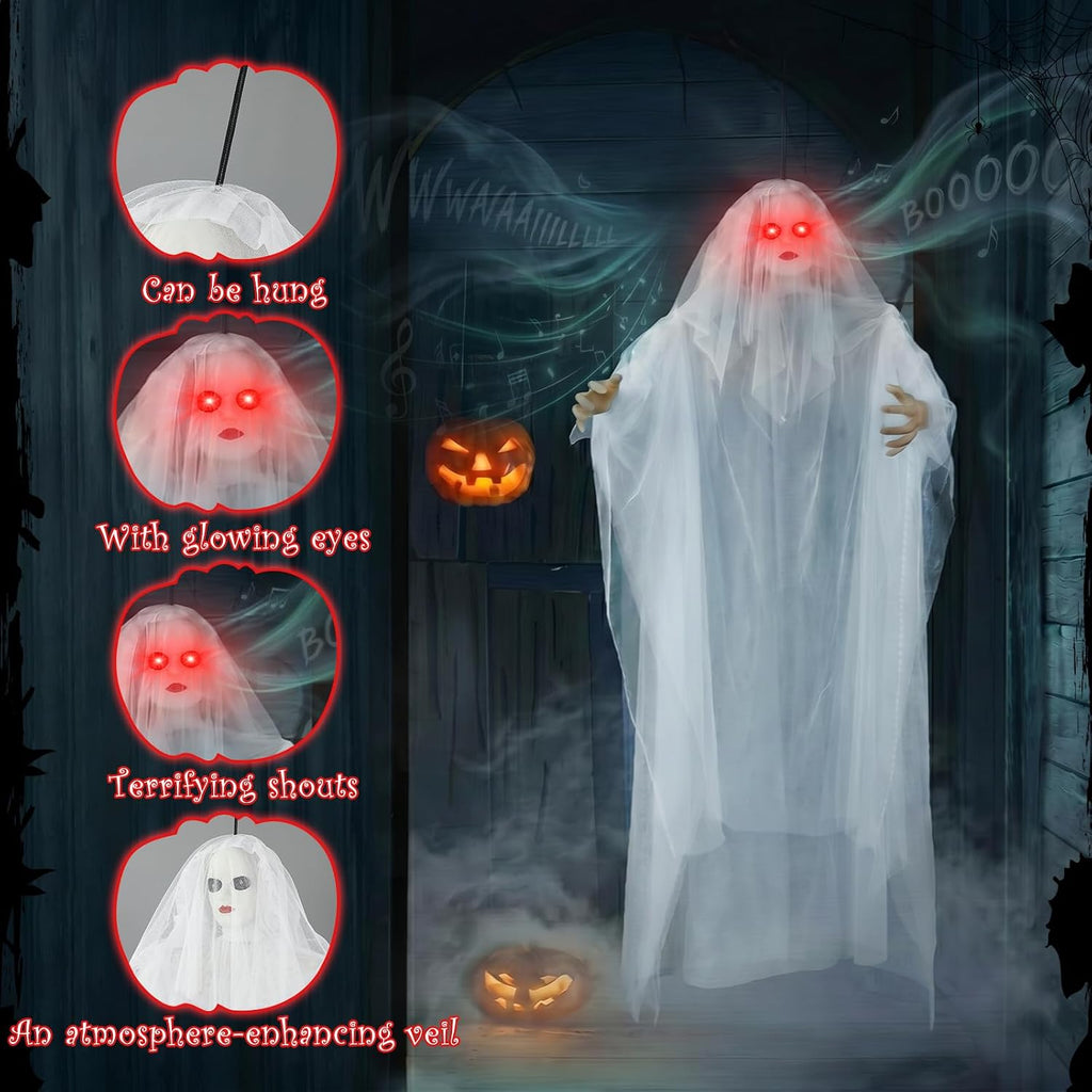 Halloween Ghost Bride Decoration Ghost Bride Halloween Prop with Colorful LED Lights Sound Effects 66 Inch Hanging