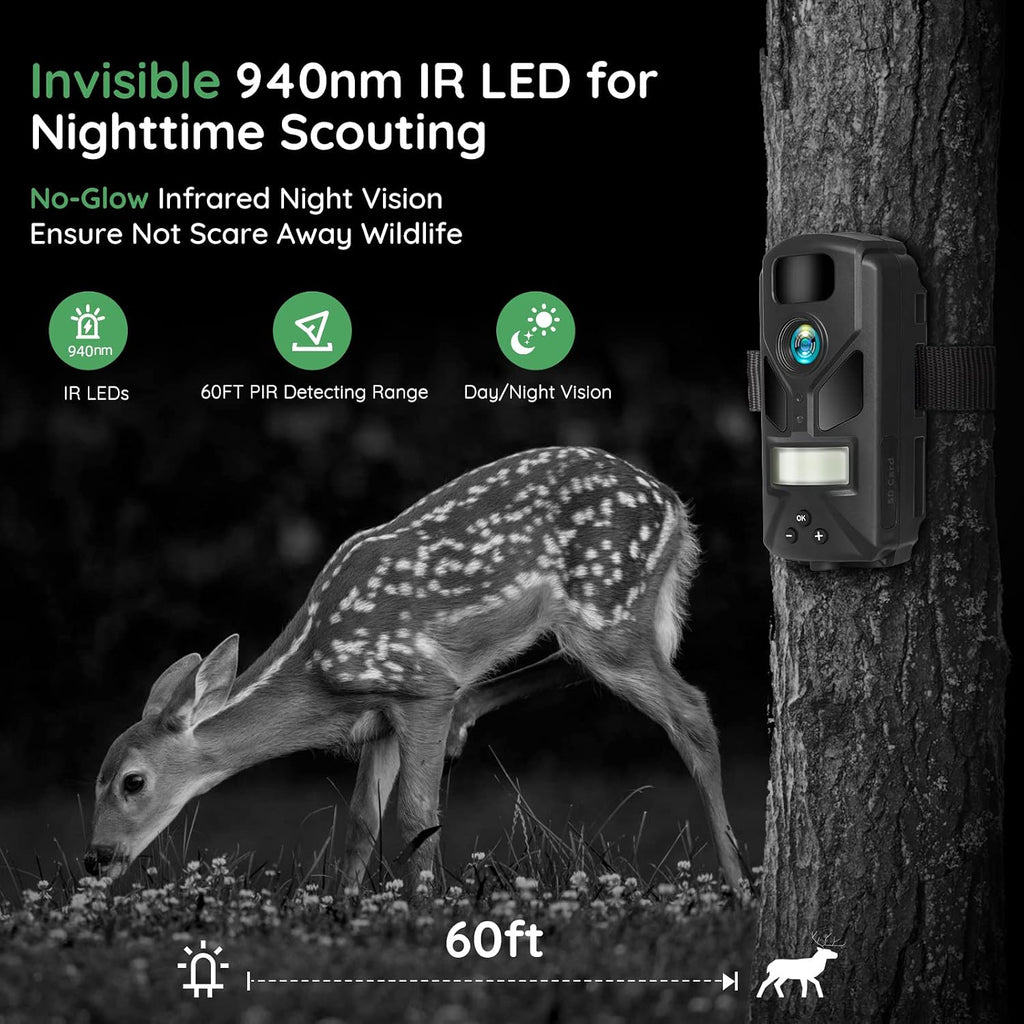 Game Camera 20MP Mini, 1080P Hunting Trail Camera with No Glow 940nm Night Vision, Motion Activated, IP66 Waterproof