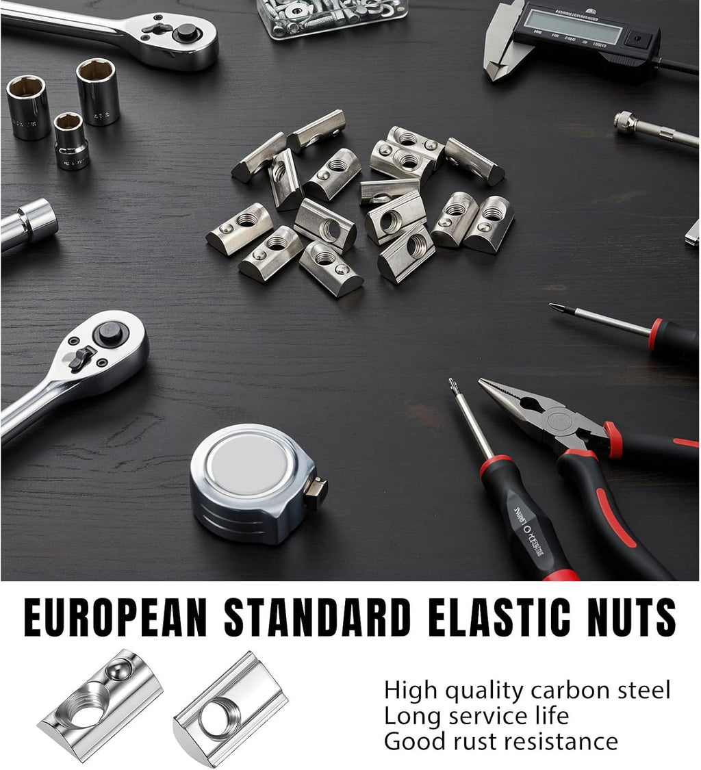 100 Pcs 40 Series M8 Thread T Spring Nut Carbon Steel European Standard M8 T Nuts Half Round Roll in Spring for 3D Printer, Aluminum Extrusion Profile, Silver