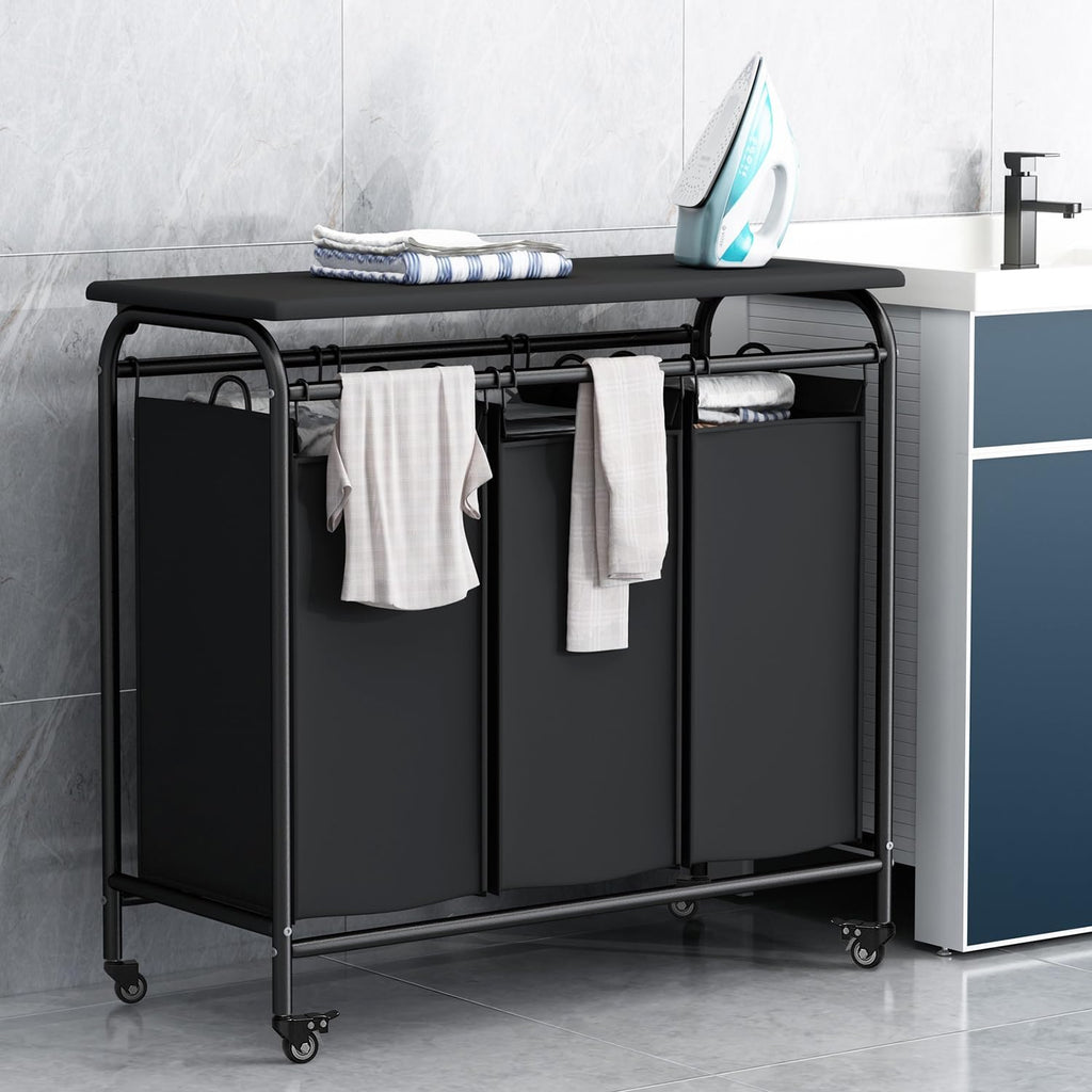 3-Bag Laundry Hamper with Ironing Board, Black 135L Laundry Sorter | Laundry Room Organization with Heavy Duty