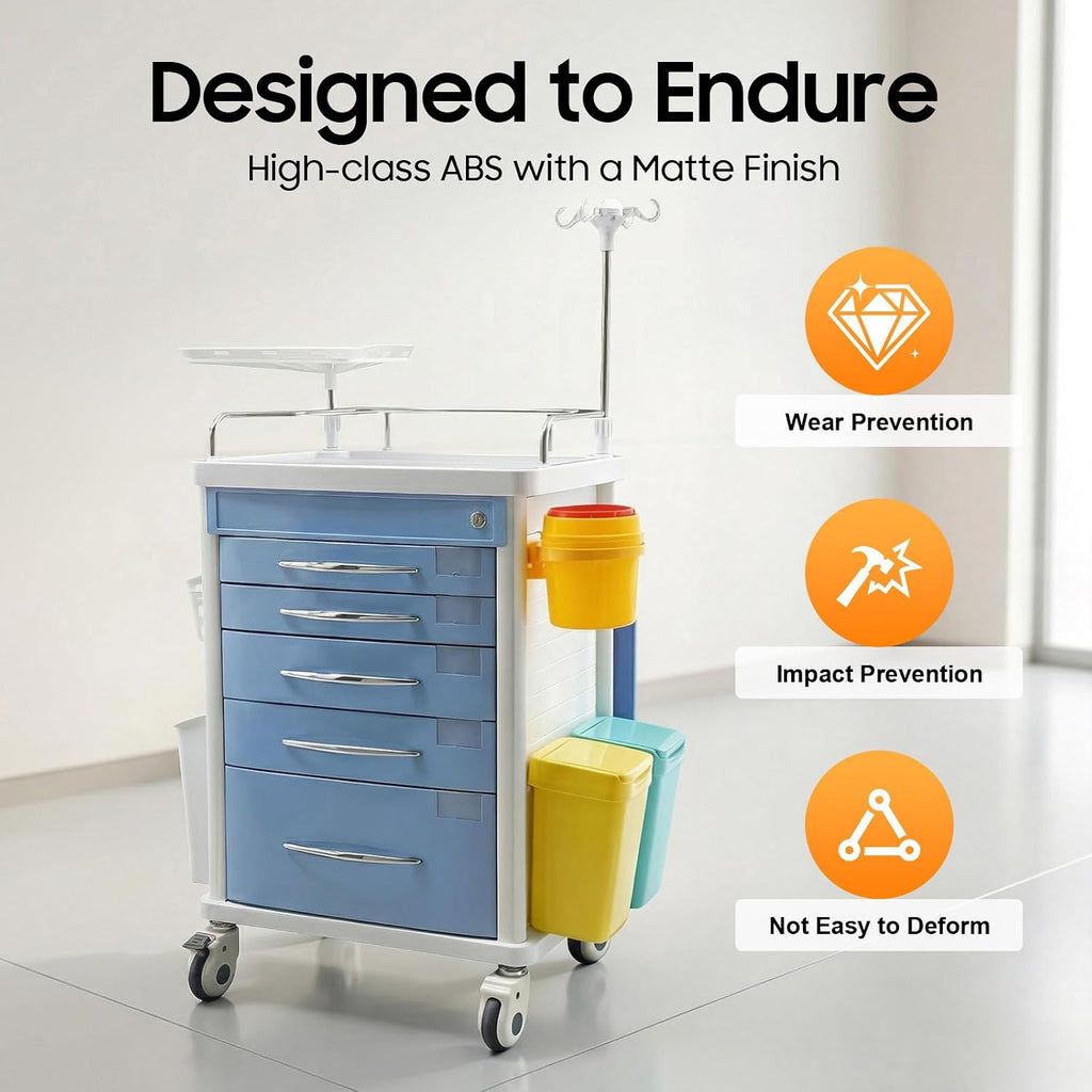 Medical Rolling Storage Crash Cart with Wheels & 5 Drawers, Hospital Mobile Ultrasound Med Cart with Power Strip