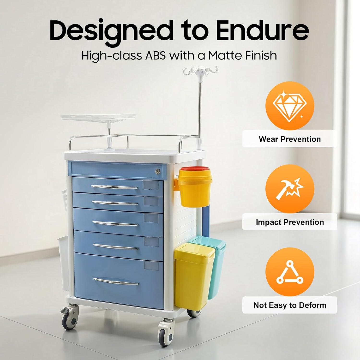 Medical Rolling Storage Crash Cart with Wheels & 5 Drawers, Hospital Mobile Ultrasound Med Cart with Power Strip