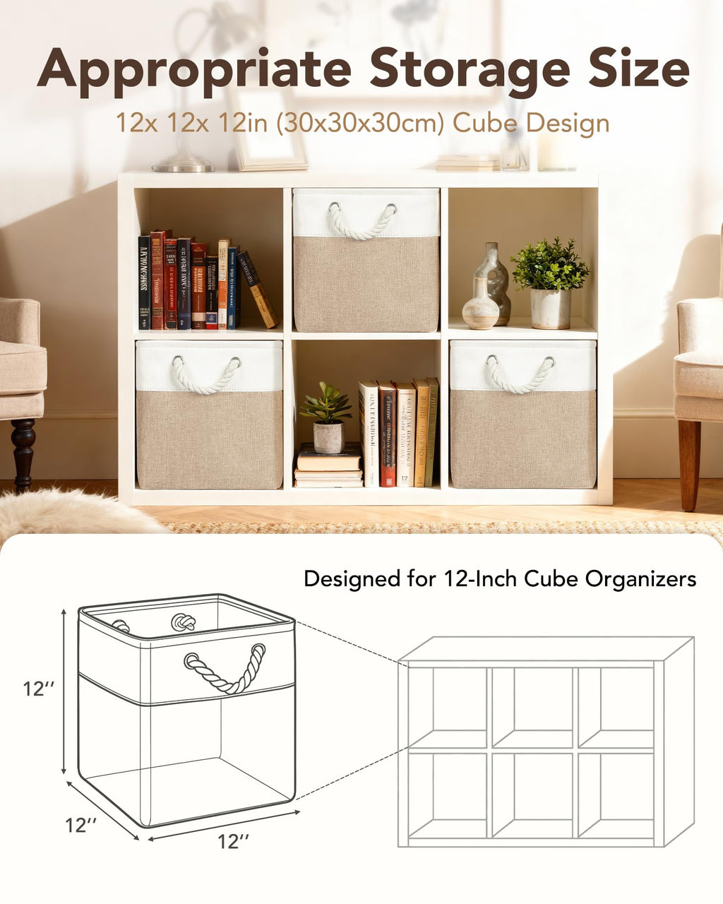 12x12 Inch Fabric Cube Storage Bins with Cotton Rope Handle 6-Pack