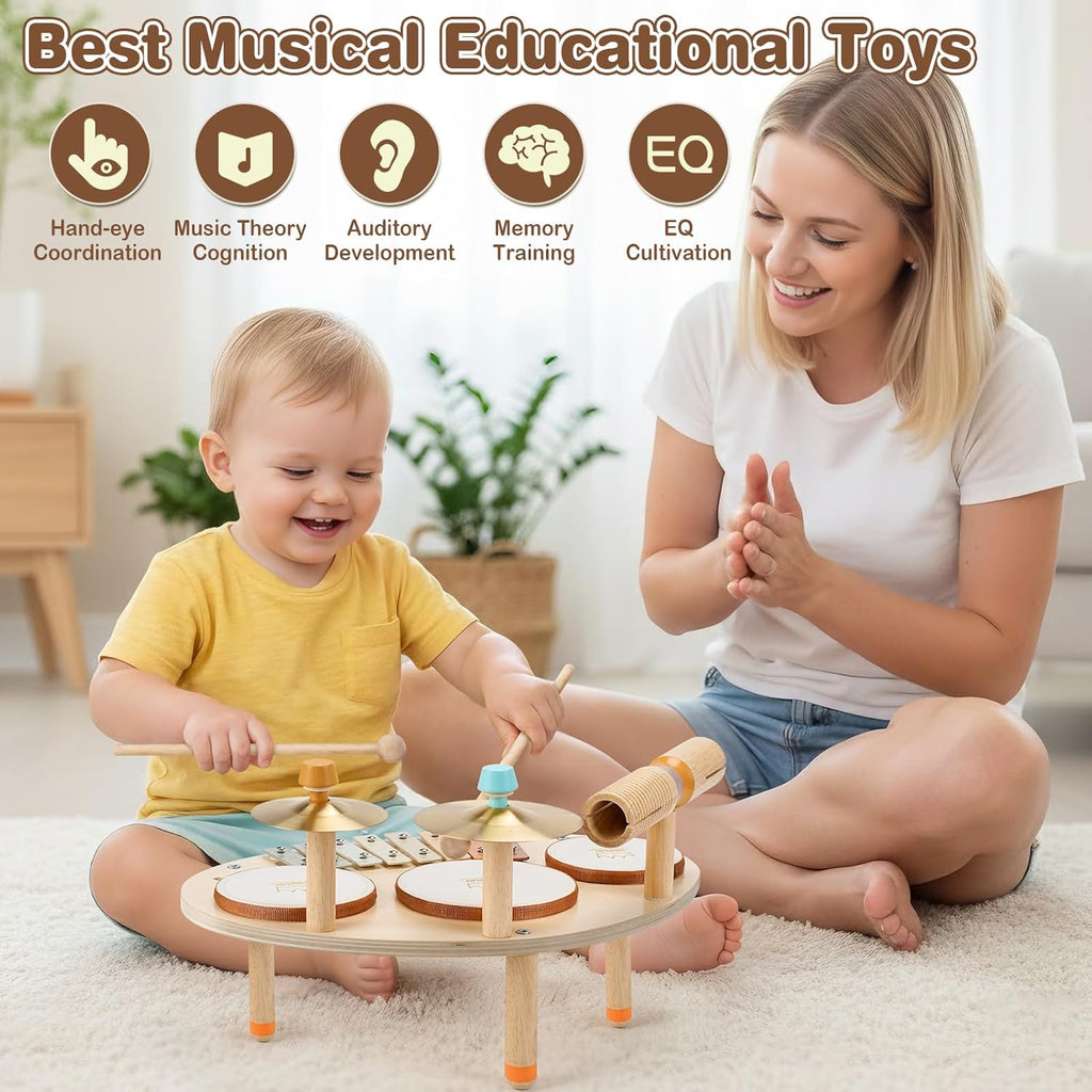 Drum Set for Toddler - Toys for 2 3 4 Year Old Girls Boy Gifts - 9 in 1 Wooden Montessori Musical Instruments with