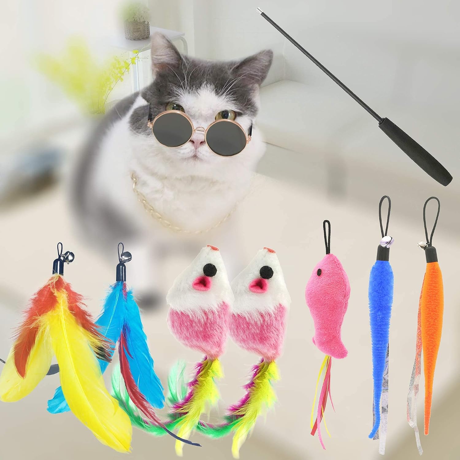Cat Toys,Interactive Feather Variety Pack for Cats Wand Kitten Toy-Includ Cat Exercise Toy Fluffy Mouse Worms&Fish