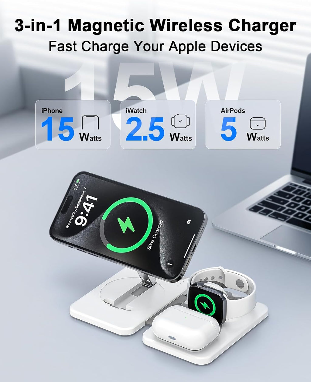 3 in 1 Magnetic Wireless Charger for Apple Multiple Devices, Foldable Fast Charging Station - Magsafe Charger Stand