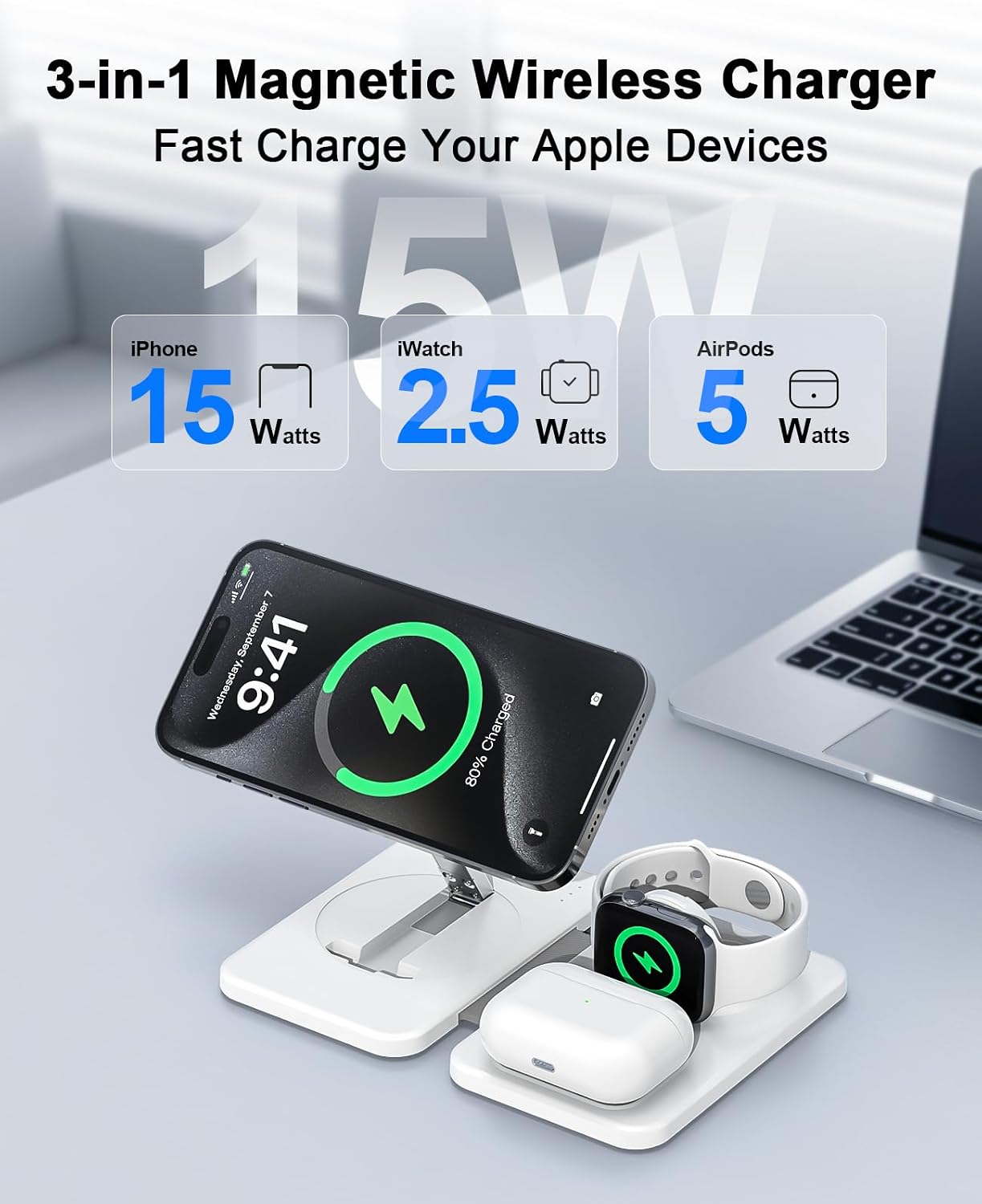 3 in 1 Magnetic Wireless Charger for Apple Multiple Devices, Foldable Fast Charging Station - Magsafe Charger Stand