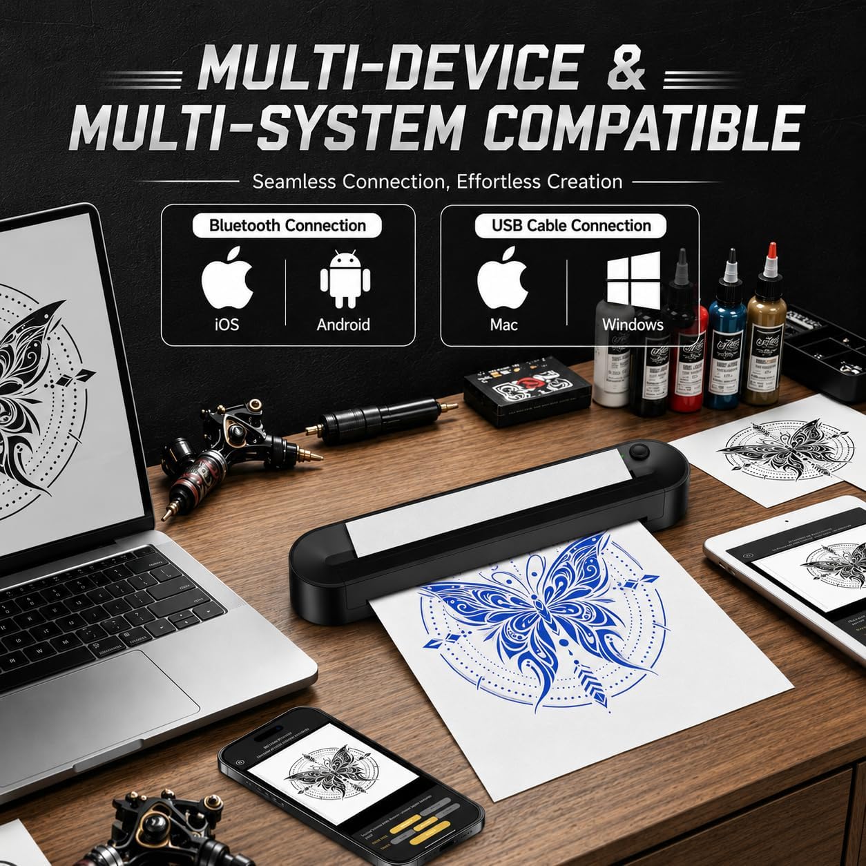Tattoo Stencil Printer, Bluetooth Stencil Printer, Support Custom Print Sizes A4-A10, Wireless Tattoo Machine with 10