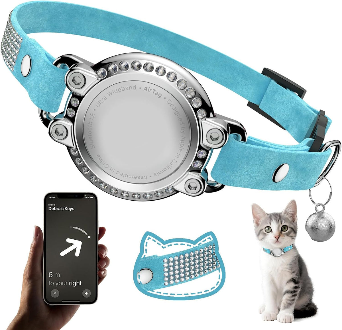 AirTag Cat Collar Breakaway, Rhinestone Collars with Air Tag Holder, Blue