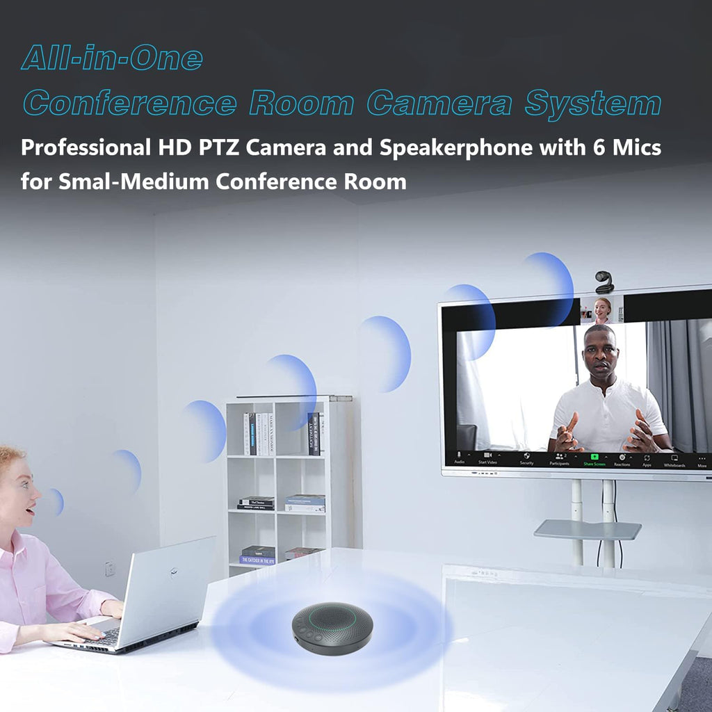 Conference Room Camera System, Wide-Angle 1080P PTZ Webcam with Wireless Bluetooth Speakerphone, 3X Optical Zoom, AI