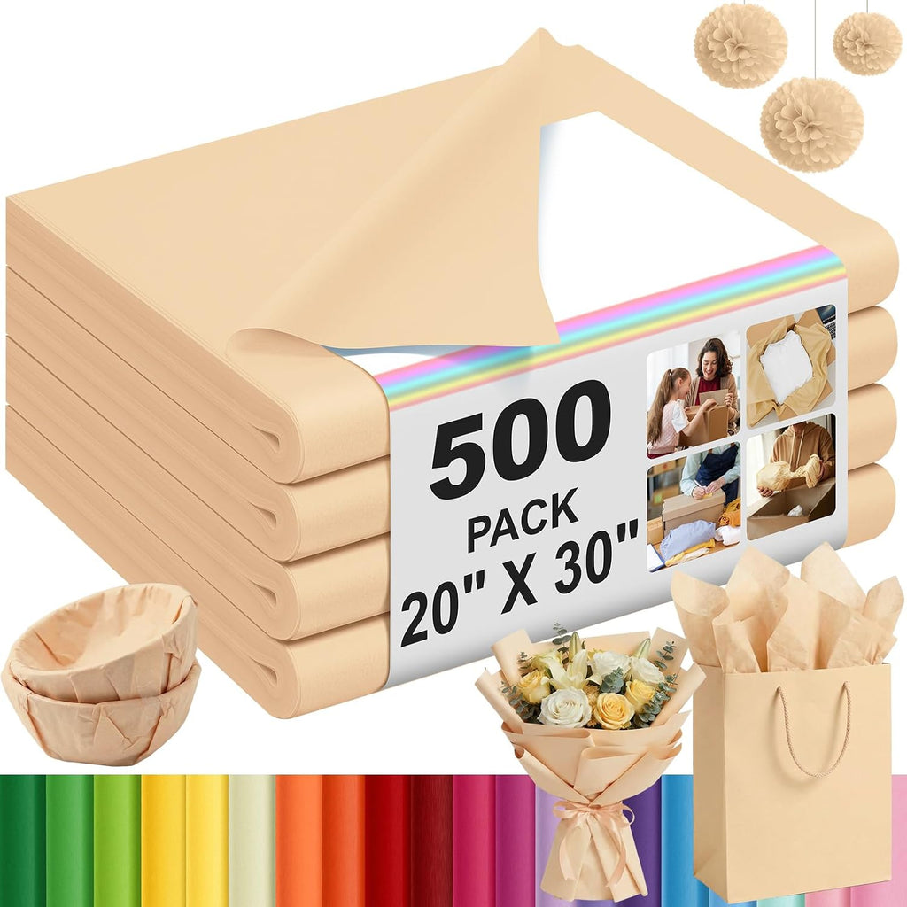 500 Sheets Kraft Tissue Paper Bulk 20 x 30 Inch for Wrapping Packaging