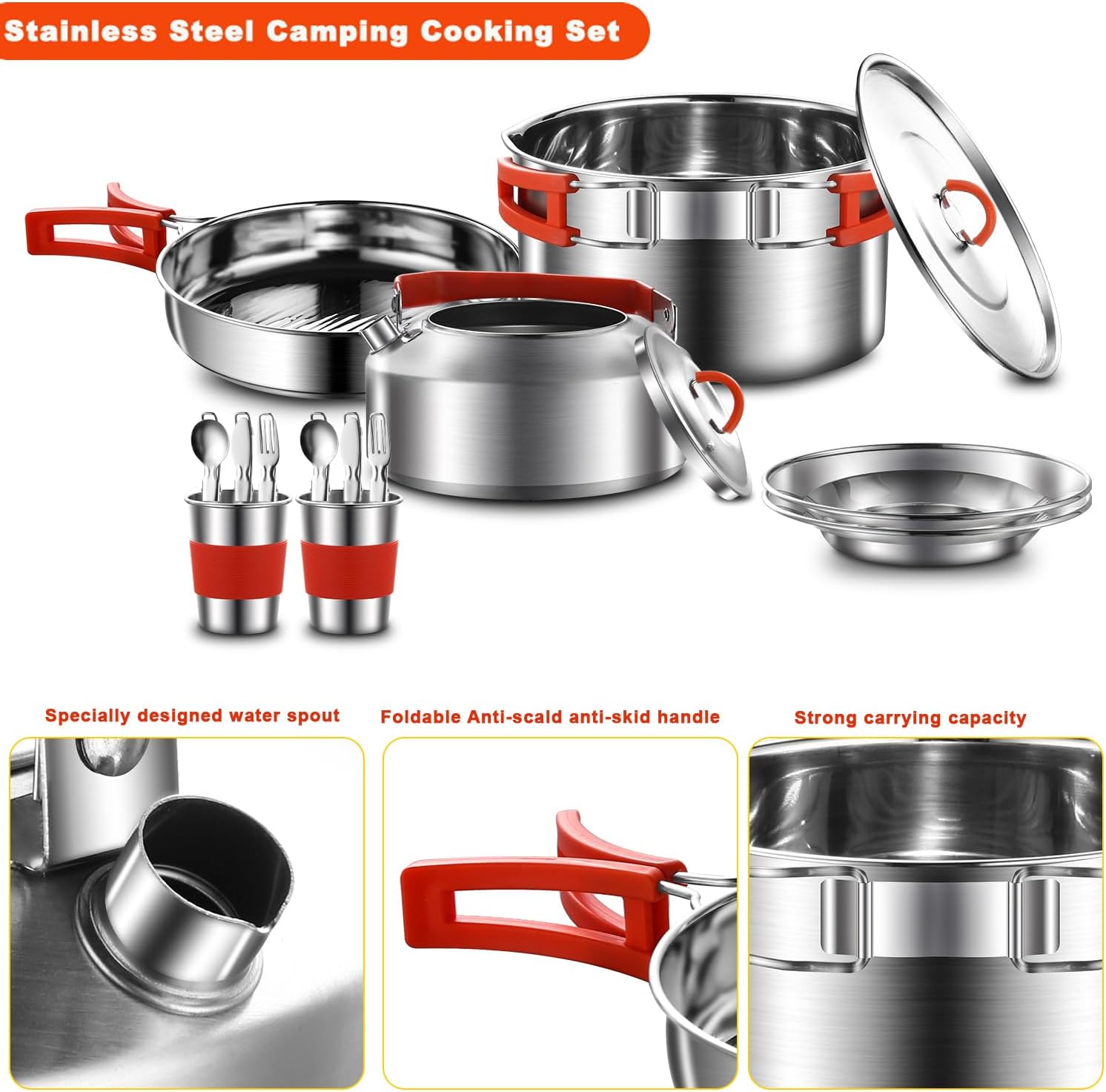 304 Stainless Steel Camping Cookware Set - Mess Kit with Pots, Pans, Kettle, Plates, Forks, Knives, Spoons for 2
