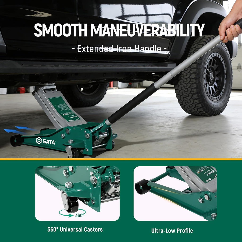 3-Ton (6,600 lb) Heavy-Duty Steel Floor Jack Ultra-Low Profile Design (2-11/16” Height) with Dual-Piston Quick Lift