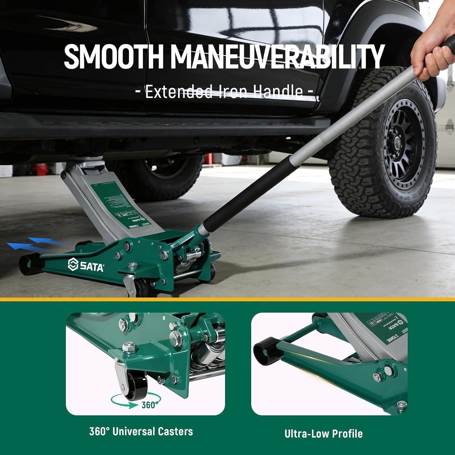 3-Ton (6,600 lb) Heavy-Duty Steel Floor Jack Ultra-Low Profile Design (2-11/16” Height) with Dual-Piston Quick Lift
