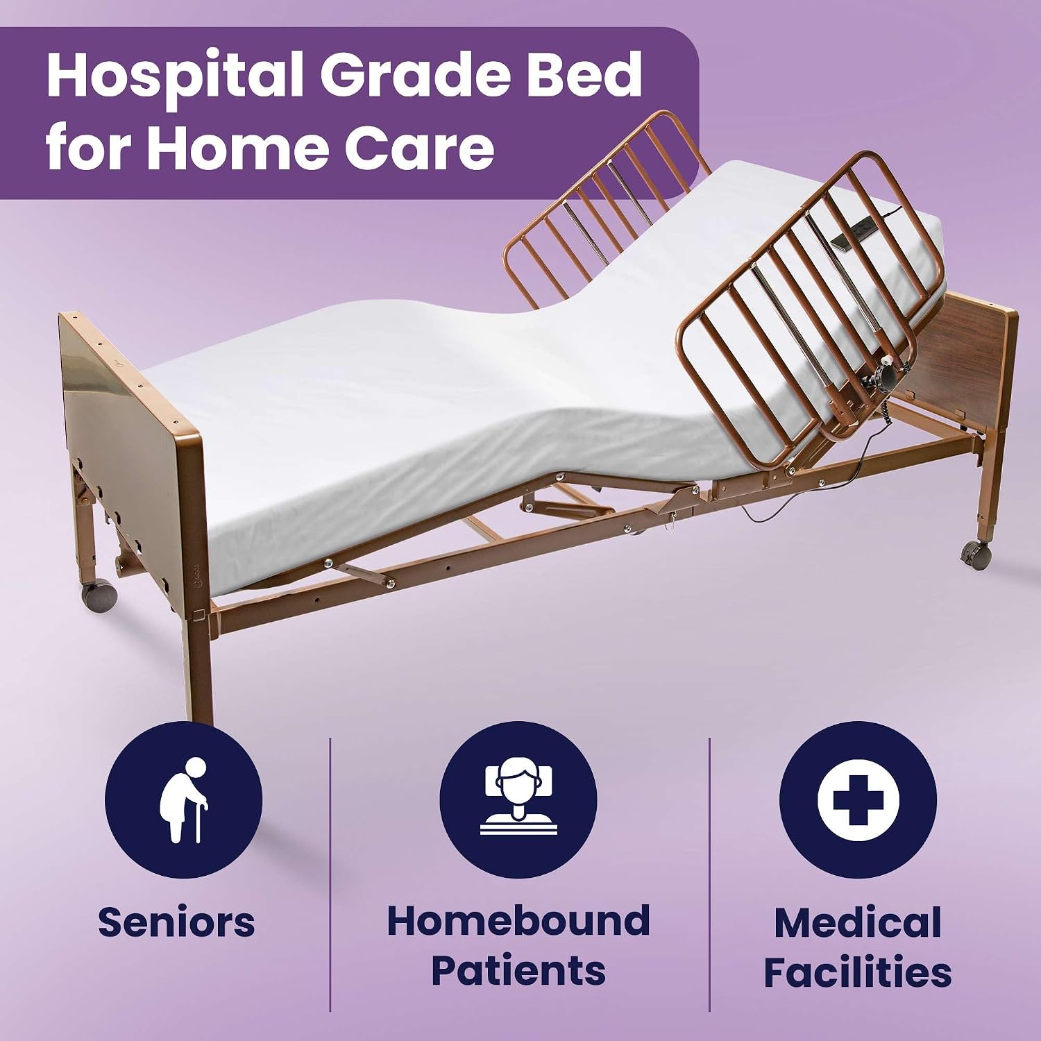 Full Electric Hospital Bed Package for Home Use and Seniors - with Foam Mattress, Half Rails - Multi Function
