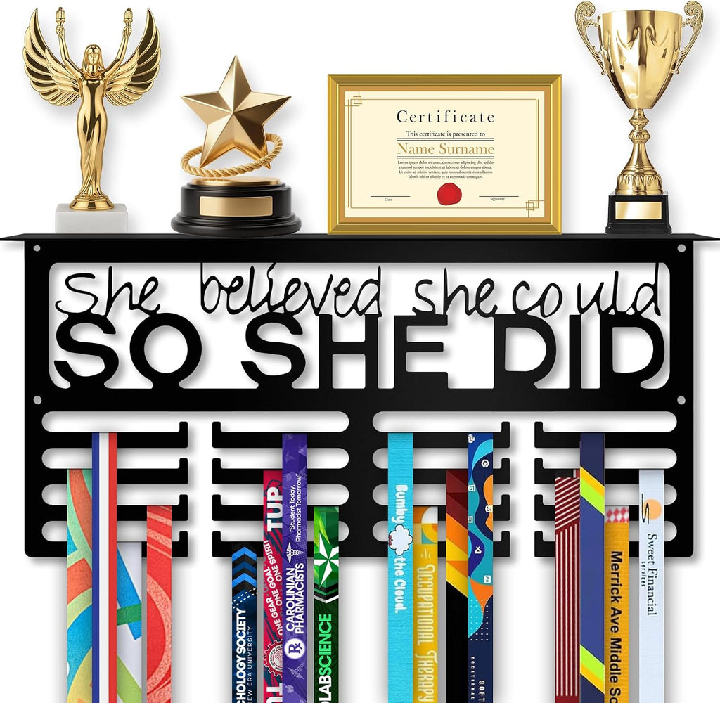 Medal Hanger Display with Trophy Shelf, Wall Mounted Race Medal Holder | 16.2" Metal Medal Rack Holds 70+ Medals