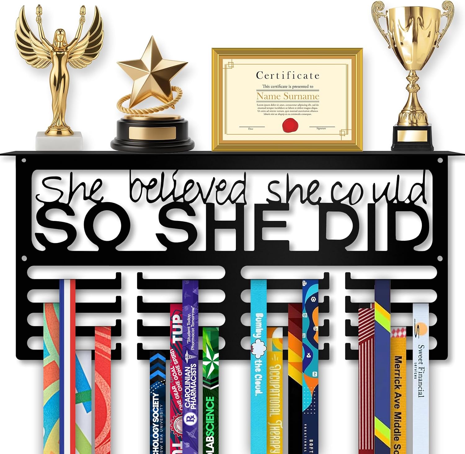 Medal Hanger Display with Trophy Shelf, Wall Mounted Race Medal Holder | 16.2" Metal Medal Rack Holds 70+ Medals