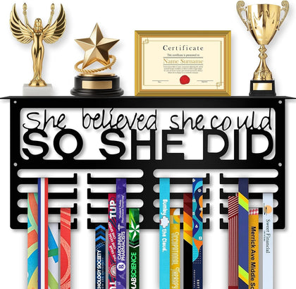 Medal Hanger Display with Trophy Shelf, Wall Mounted Race Medal Holder | 16.2" Metal Medal Rack Holds 70+ Medals