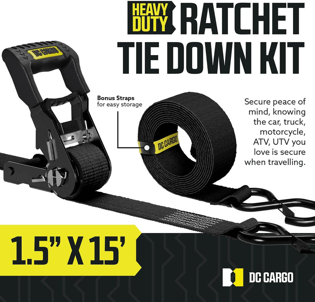 Ratchet Straps Tie Downs 4 Pack (5,000 LB Break Strength) 1.5" x 15 Feet Tie Down Straps with Safety Lock S Hooks for