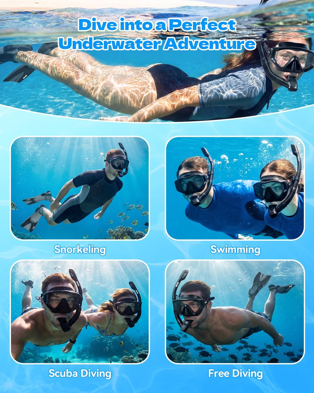 4-in-1 Snorkeling Gear for Adult Men Women with Travel Mesh Bag | Anti-Fog Panoramic Mask Set, Adjustable Fins & Dry