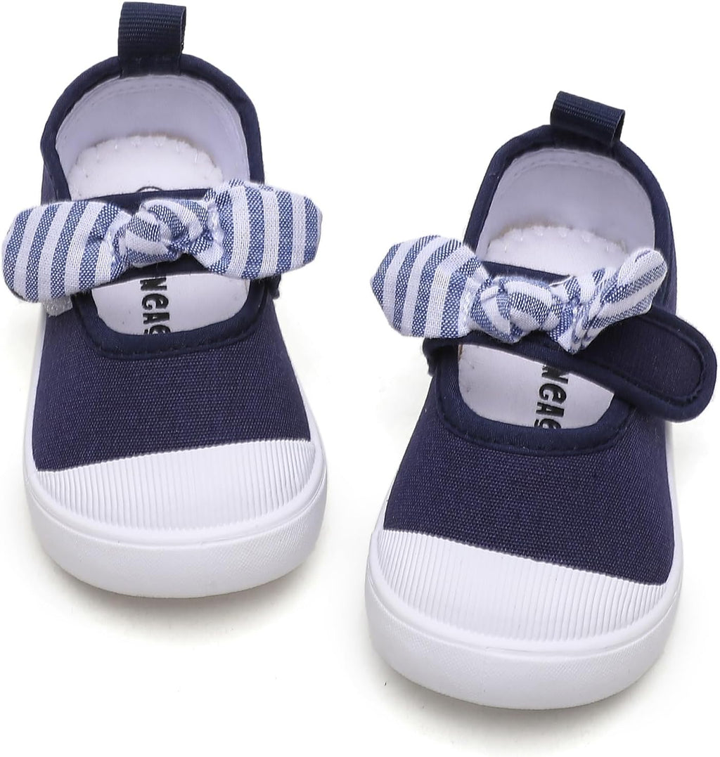 Toddler Girls Canvas Sneakers Bowknot Mary Jane Flats | Breathable and lightweight.Hook&loop closure for easy