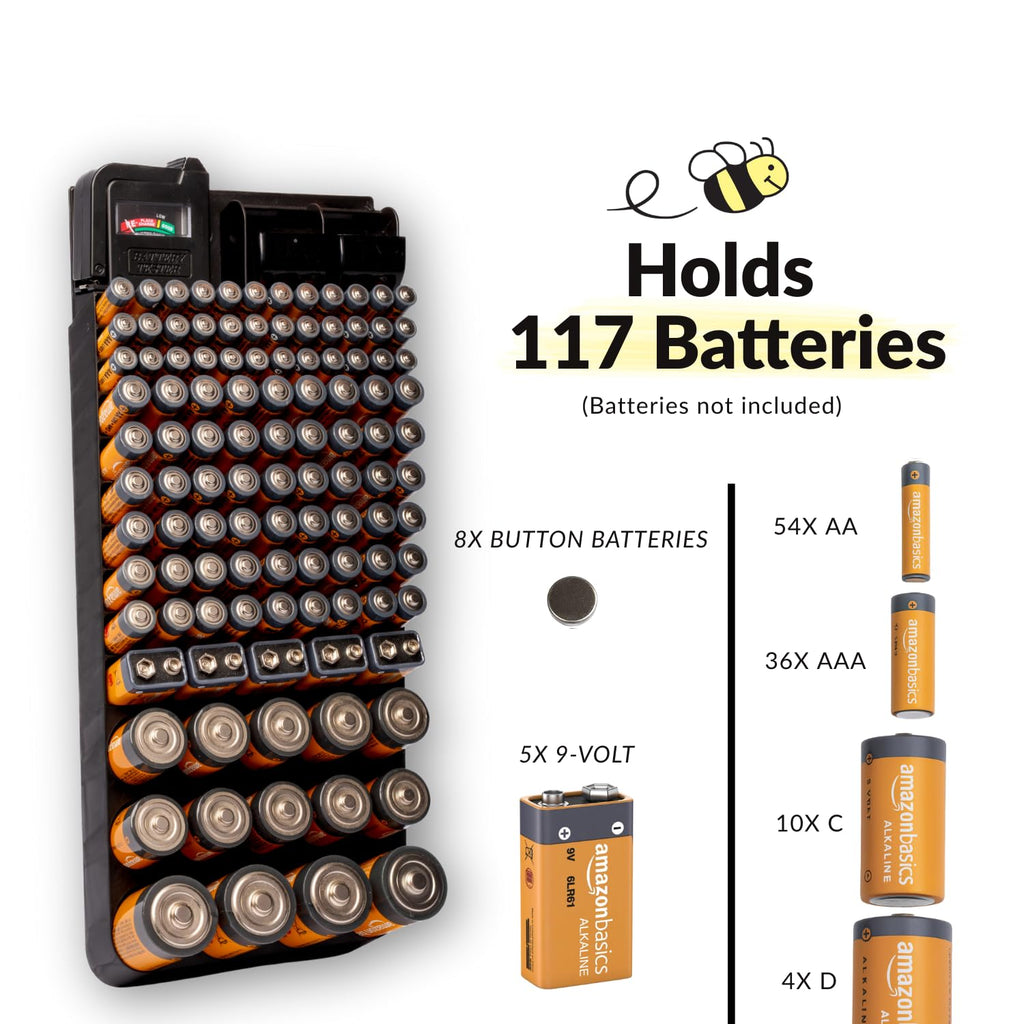 Battery Organizer w/Tester for AA, AAA, 9V, C, D, Button Batteries | Wall or Drawer Battery Storage Box with Tester