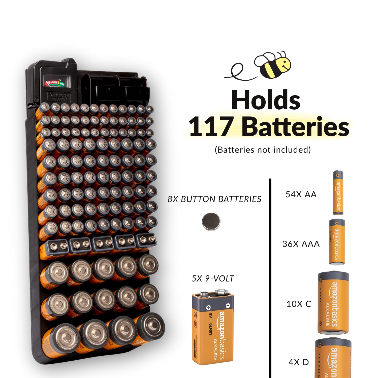 Battery Organizer w/Tester for AA, AAA, 9V, C, D, Button Batteries | Wall or Drawer Battery Storage Box with Tester