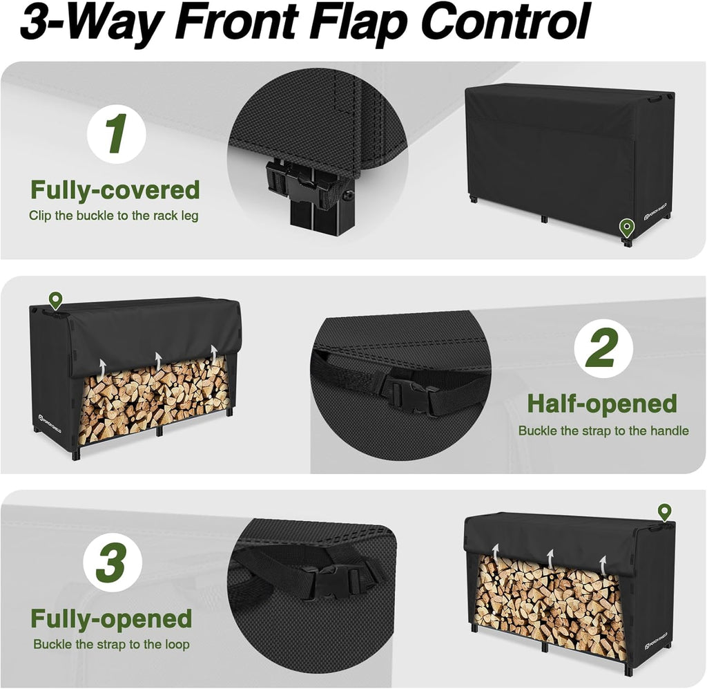 8ft Waterproof Firewood Rack Cover | Wood Pile Cover, Heavy Duty, All Weather Protection, Fits for Outdoor Log Racks