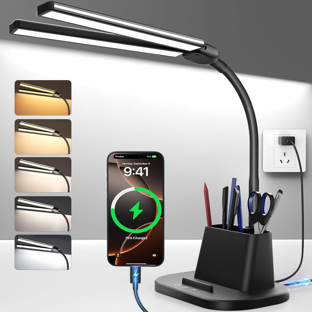 Desk Lamp with USB-C Charging Port and Organizer Base, LED Desk Light with Pen Holder, Phone Stand, 25 Lighting
