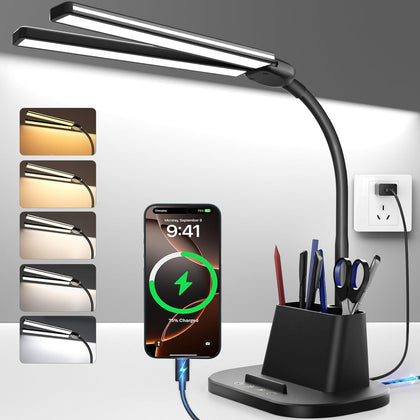 Desk Lamp with USB-C Charging Port and Organizer Base, LED Desk Light with Pen Holder, Phone Stand, 25 Lighting