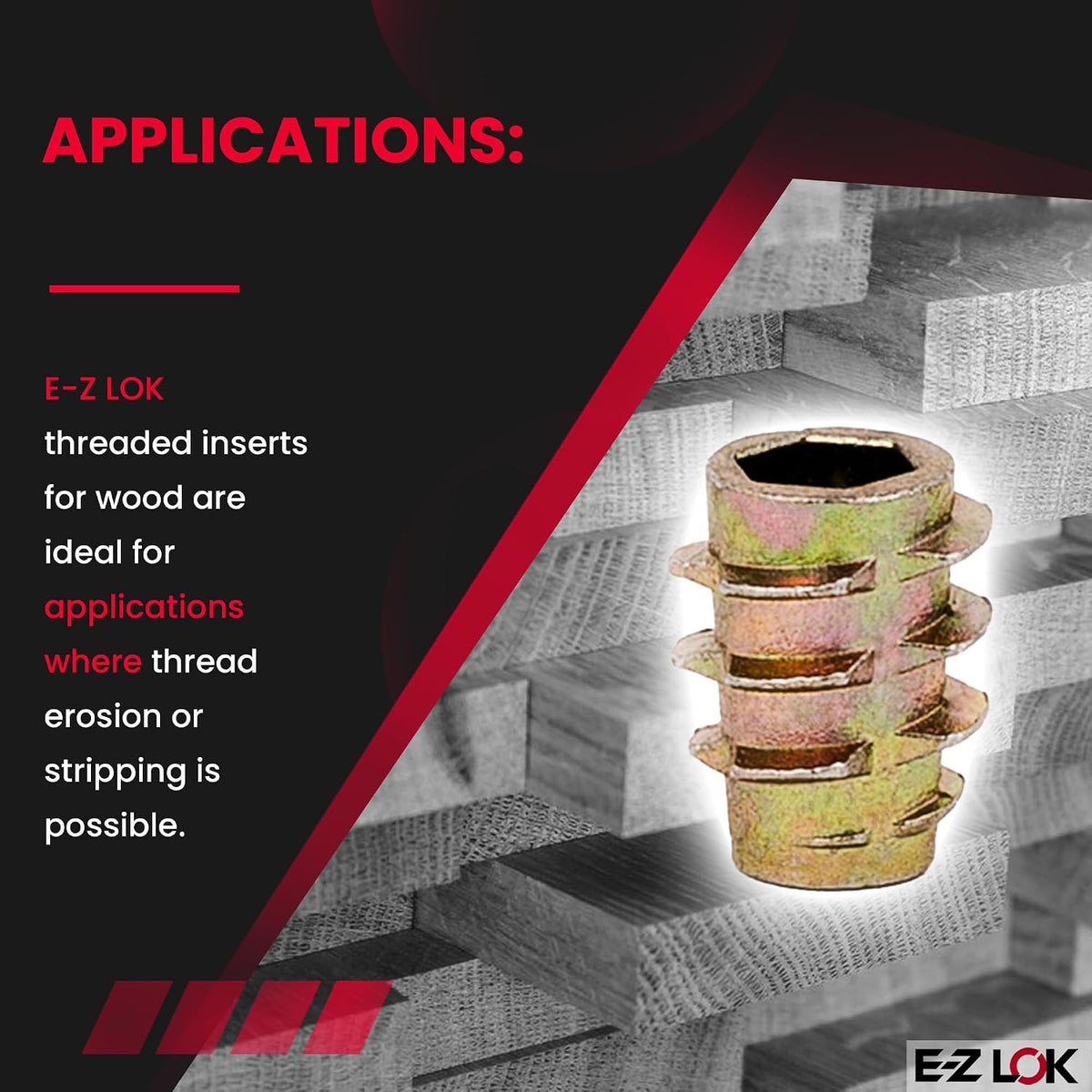 E-Z LOK Hex Thread Insert for Soft Wood, Flush, 10-32, 10mm, 50 ct