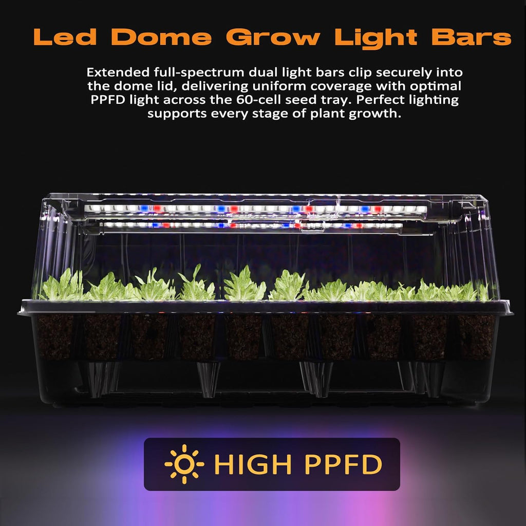 60-Cell Self-Watering Seed Starter Tray with Grow Light, Seed Starter Kit with 4.07” Humidity Dome, Indoor Seedling
