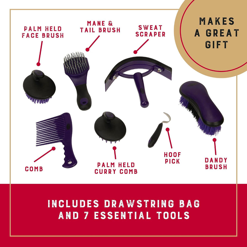 Horse Grooming Kit, 7-Piece Horse Brush Set with Organizer Tote Bag, Hoof Pick, Comb, Sweat Scraper, Equine Tools for