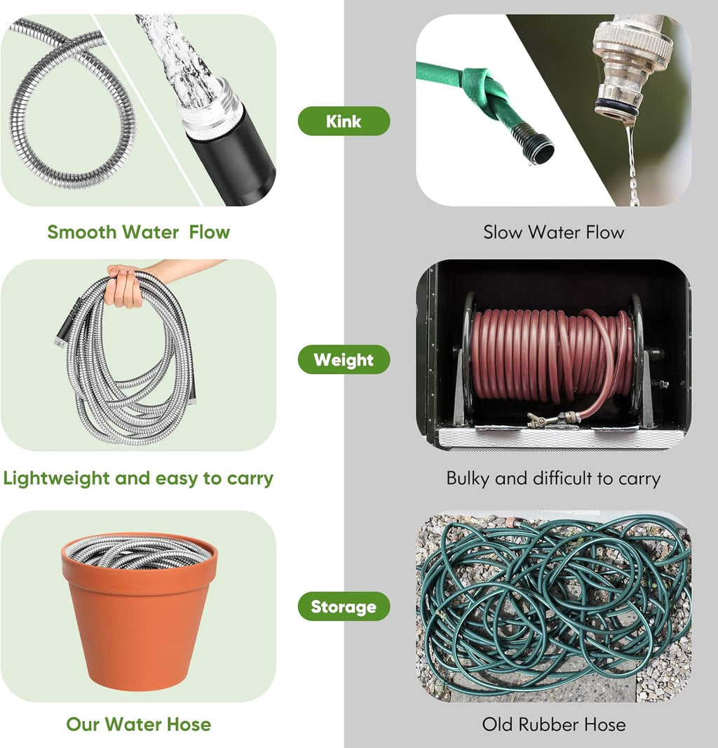 Garden Hose 50 ft, Stainless Steel Water Hose with 10 Function Nozzle Flexible, Heavy Duty, Lightweight, No-Kink, Pet