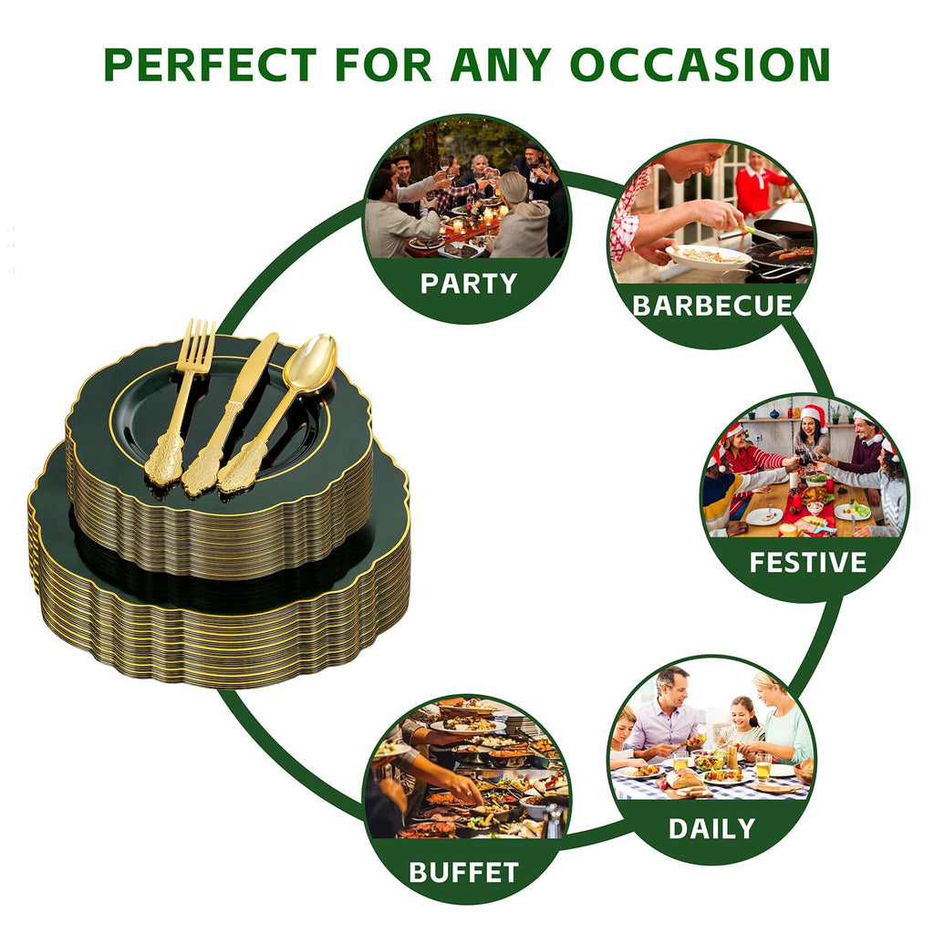 175PCS Green Plastic Plates-Emerald Green Disposable With Gold Rim-25Guest Baroque Dinnerware include 50 Plates,25Pcs