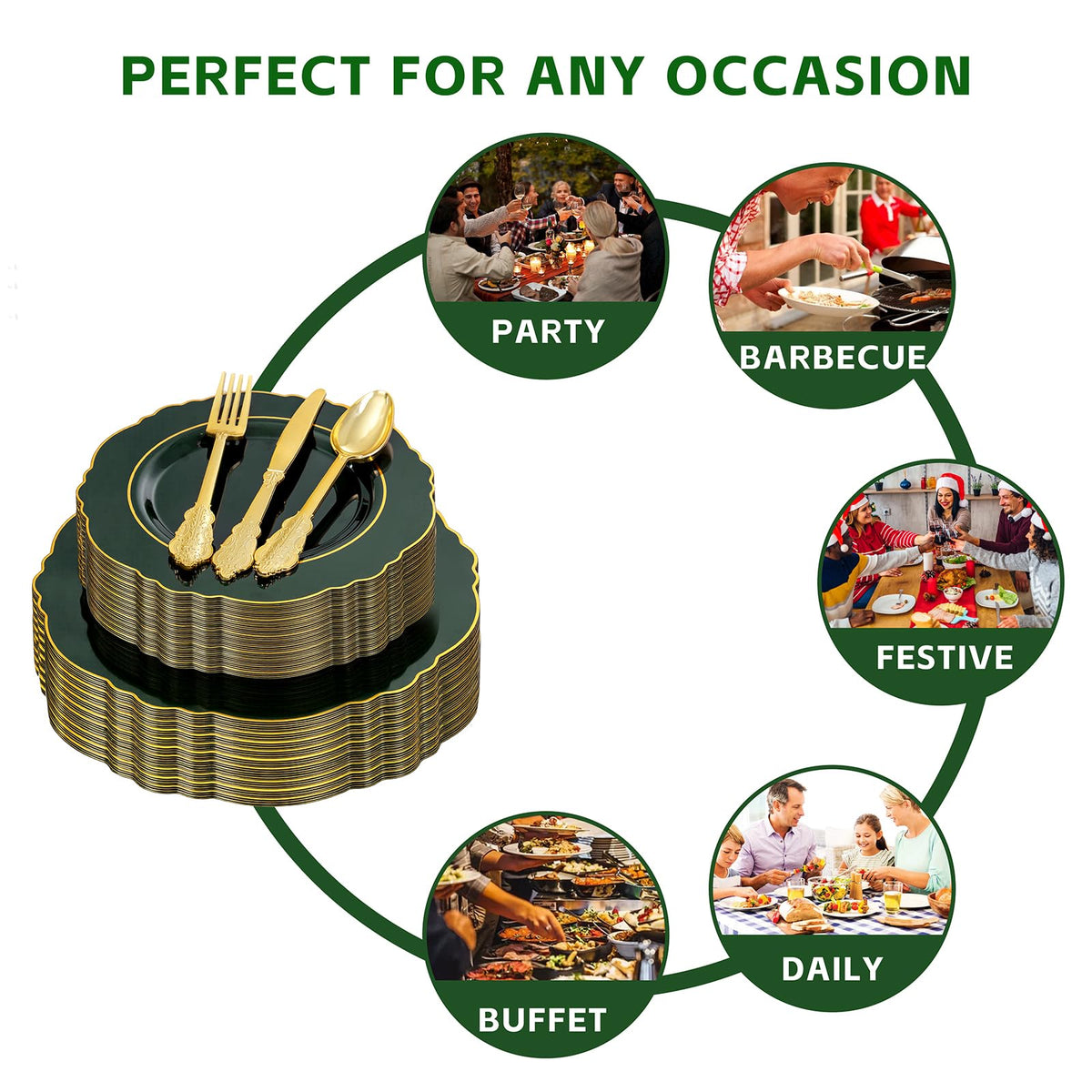 175PCS Green Plastic Plates-Emerald Green Disposable With Gold Rim-25Guest Baroque Dinnerware include 50 Plates,25Pcs