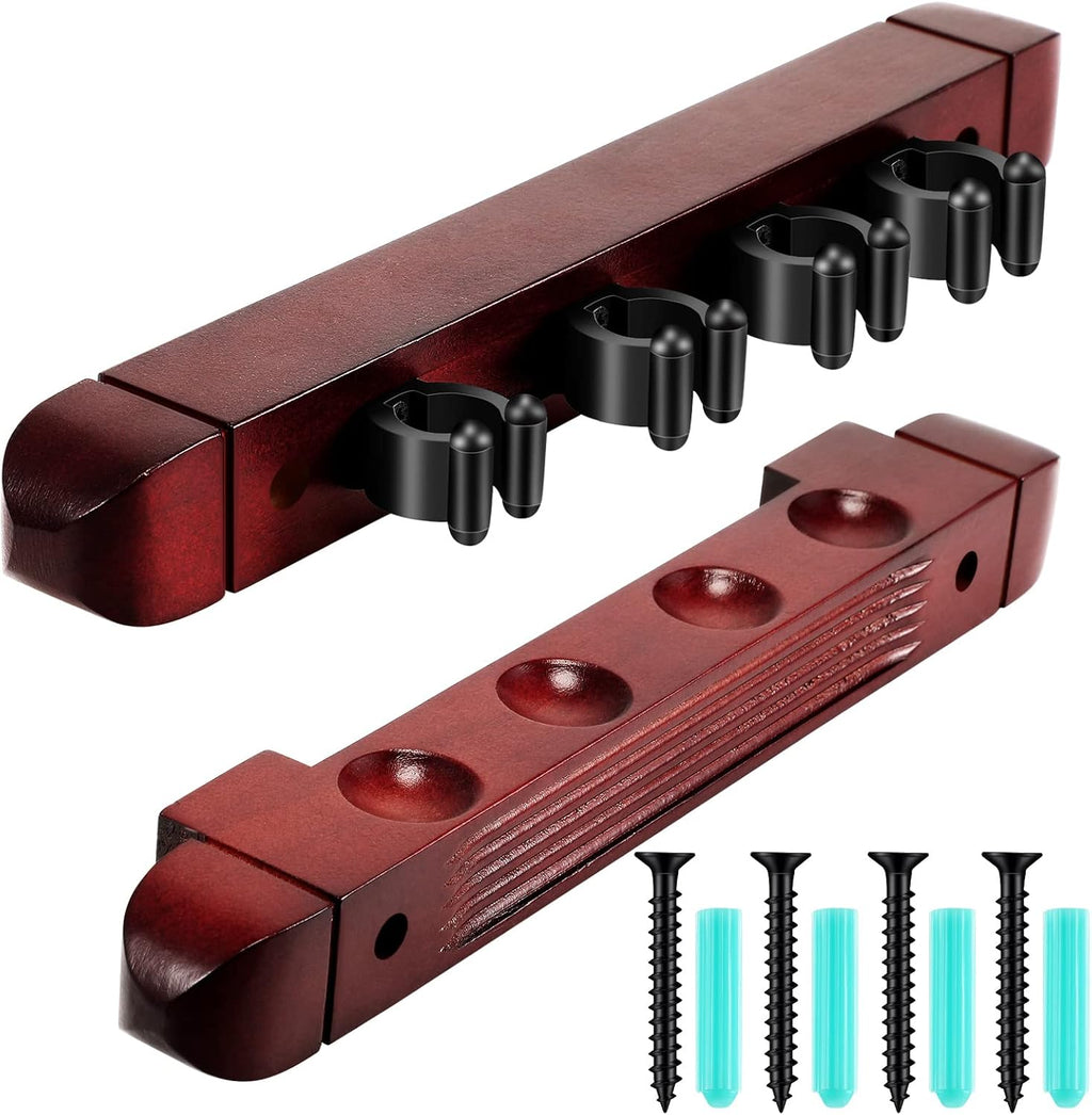 2 Piece 4 Pool Cues Wood Wall Rack with Clips Wall Mounted Hardwood Billiard Pool Cue Rack Finish Hardwood Cue Sticks