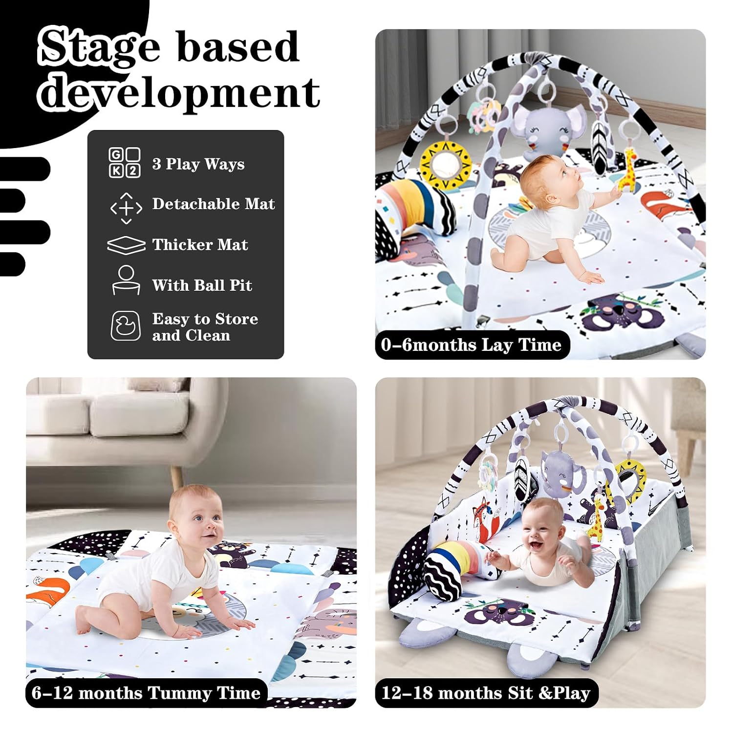 Baby Gym Play Mat, 8-in-1 Tummy Time Mat & Activity Gym, Washable Ball Pit, Infant Play Mat with Detachable Toys for