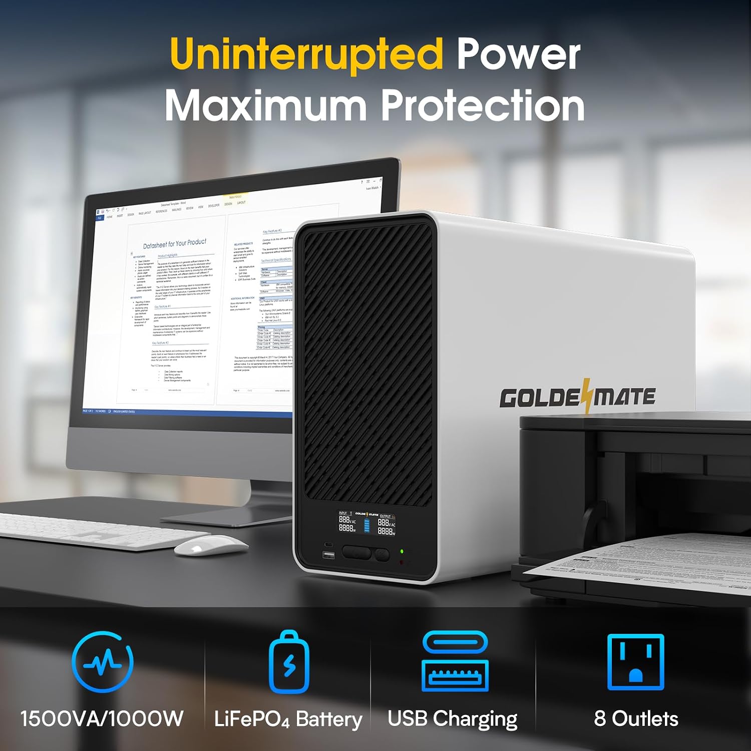 1500VA/1000W Lithium UPS Battery Backup & Surge Protector, White | Line Interactive, Pure Sine Wave, AVR, 8 Outlets