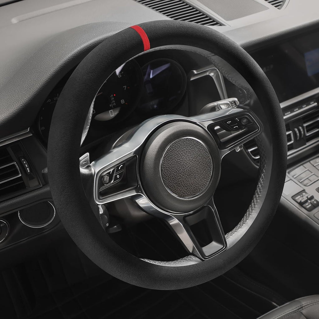 Suede Steering Wheel Cover with Upgraded Silicone Inner Ring, Breathable, Anti-Slip, Leather Universal 14.5 to 15