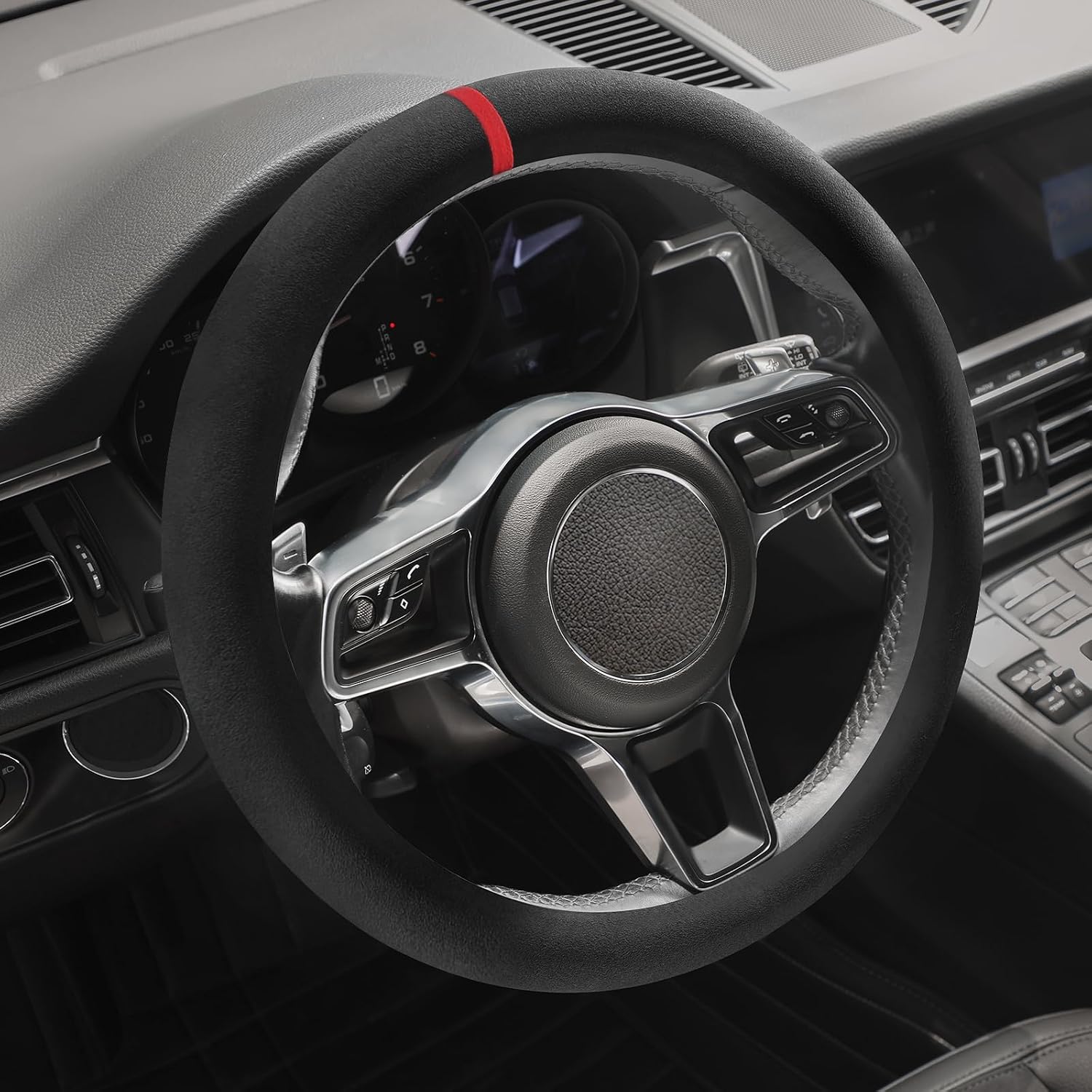 Suede Steering Wheel Cover with Upgraded Silicone Inner Ring, Breathable, Anti-Slip, Leather Universal 14.5 to 15